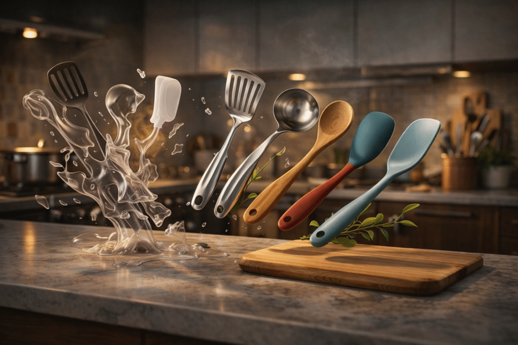 wood, silicone & stainless steel cooking utensils